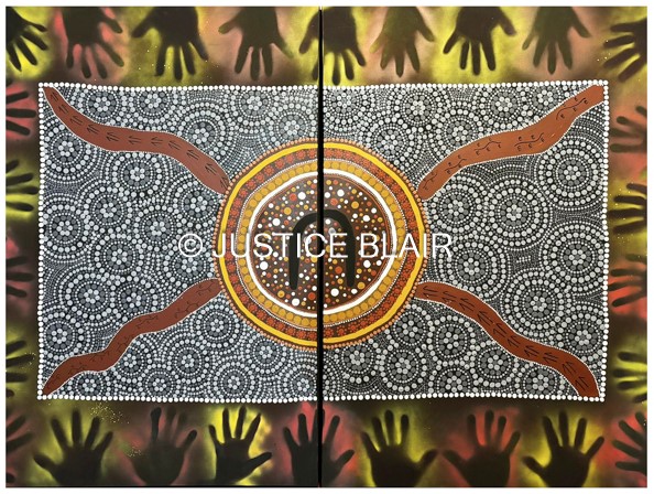 Painting of hands surrounding an art piece of traditional Aboriginal design